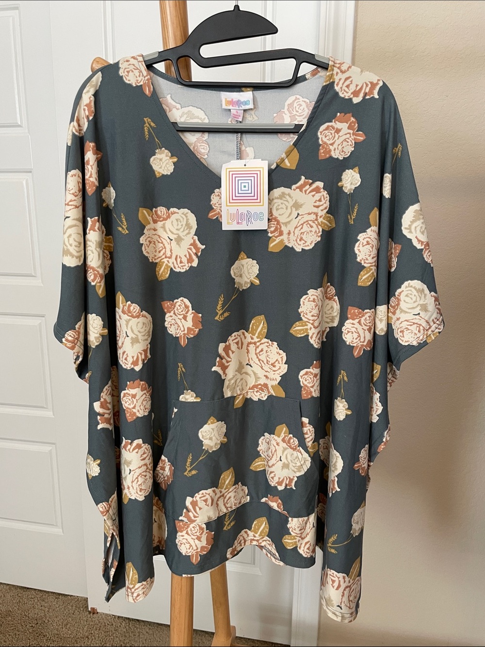 LuLaRoe V-Neck Poncho Top in Charcoal with Cream and Tan Roses
